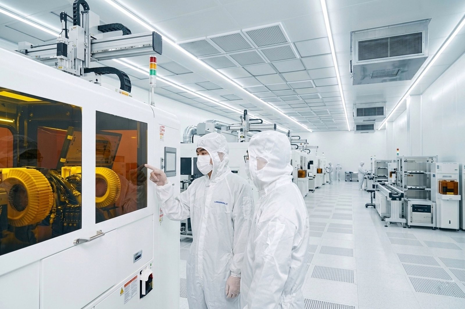 Operators monitoring a Laservall production line in a cleanroom