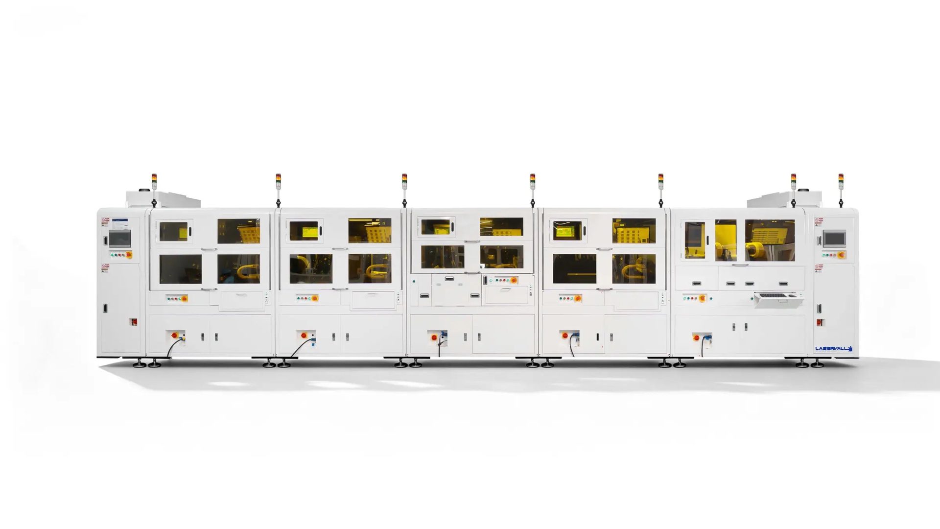 Laservall automated production line with annotated modules