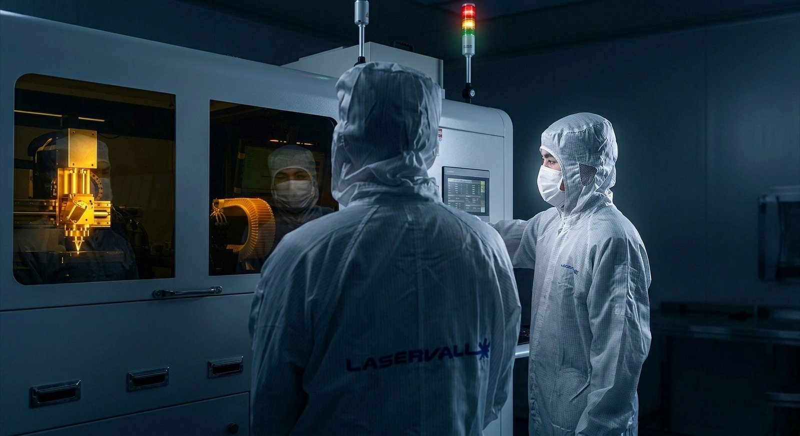 Two Laservall technicians reviewing a laser process